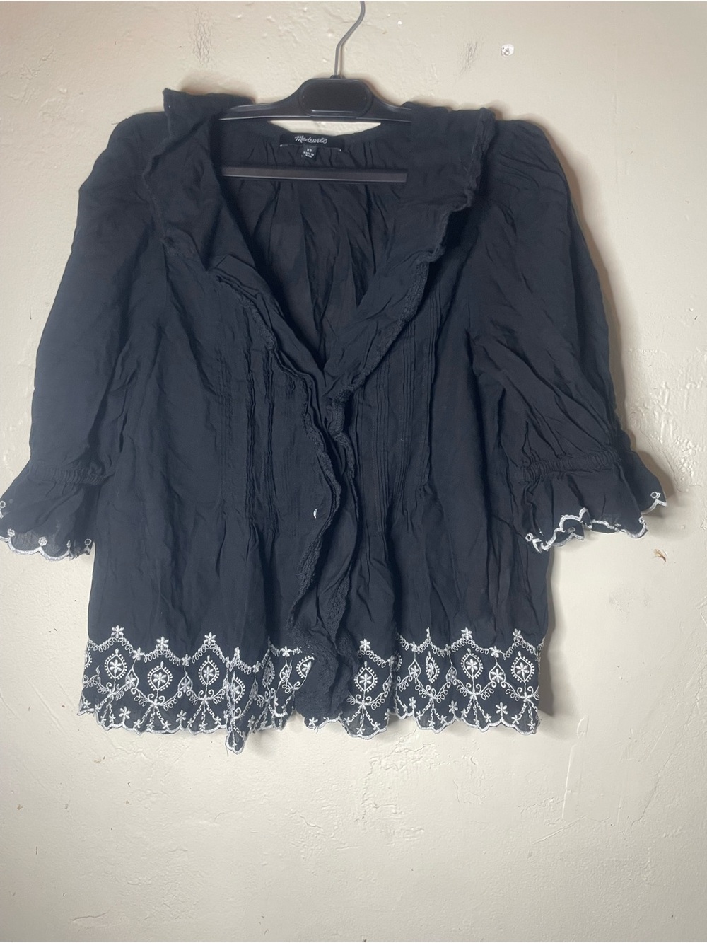 Madewell Womens Blouse XS Black Embroidered Ruffle Button Front V Neck Puff